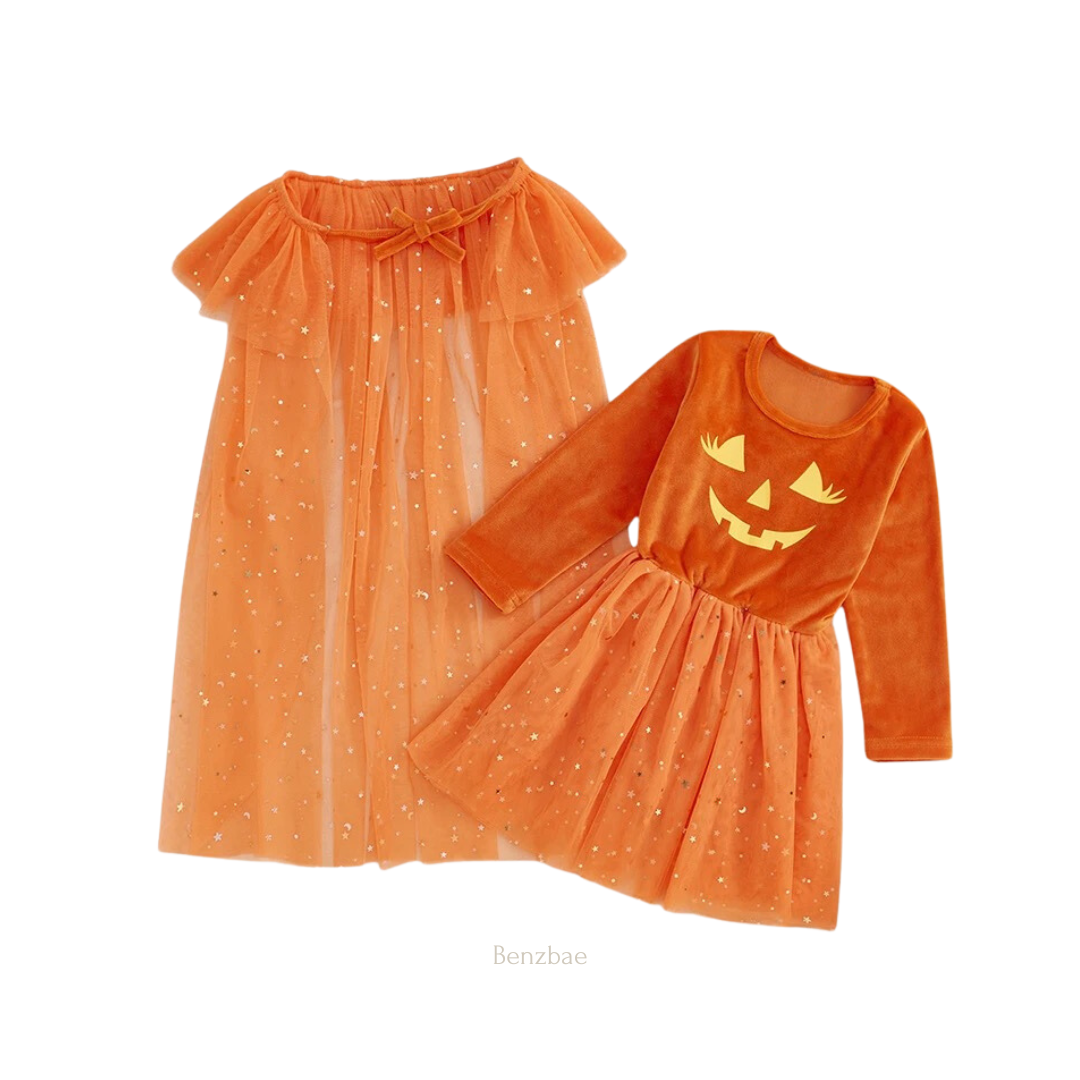 Pumpkin Glow Tulle Halloween Dress + Shawl